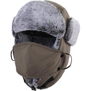 Water Repellent Trapper Hat for Men Women with Face Mask for Cold Weather